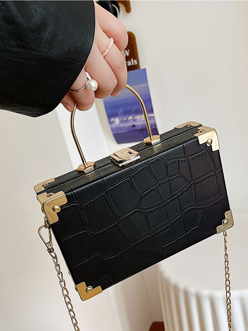 Mini Box Bag Crocodile Embossed PU Black