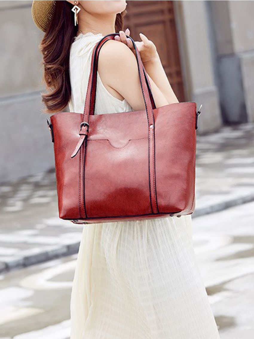 Minimalist Shoulder Tote Bag Buckle Double Handle PU