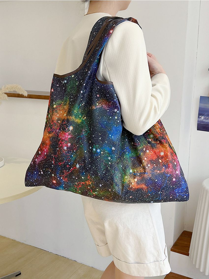 Oversized Shopper Bag Galaxy Pattern Contrast Binding