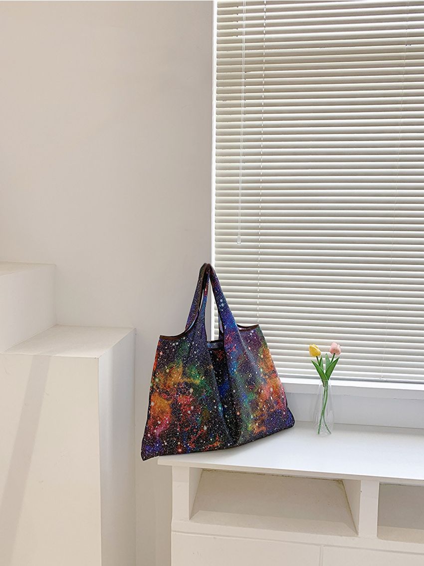 Oversized Shopper Bag Galaxy Pattern Contrast Binding