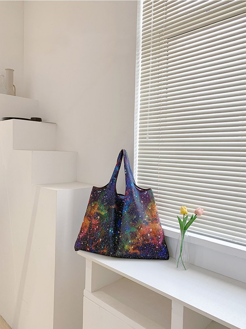 Oversized Shopper Bag Galaxy Pattern Contrast Binding