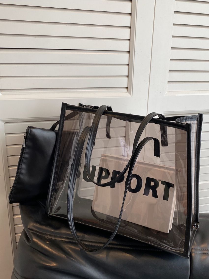 Letter Graphic Shoulder Tote Bag With Inner Pouch Clear Double Handle PVC