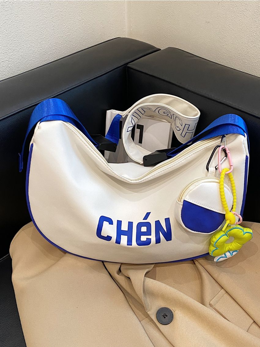 Large Capacity Hobo Bag With Bag Charm Letter Graphic Zipper Nylon