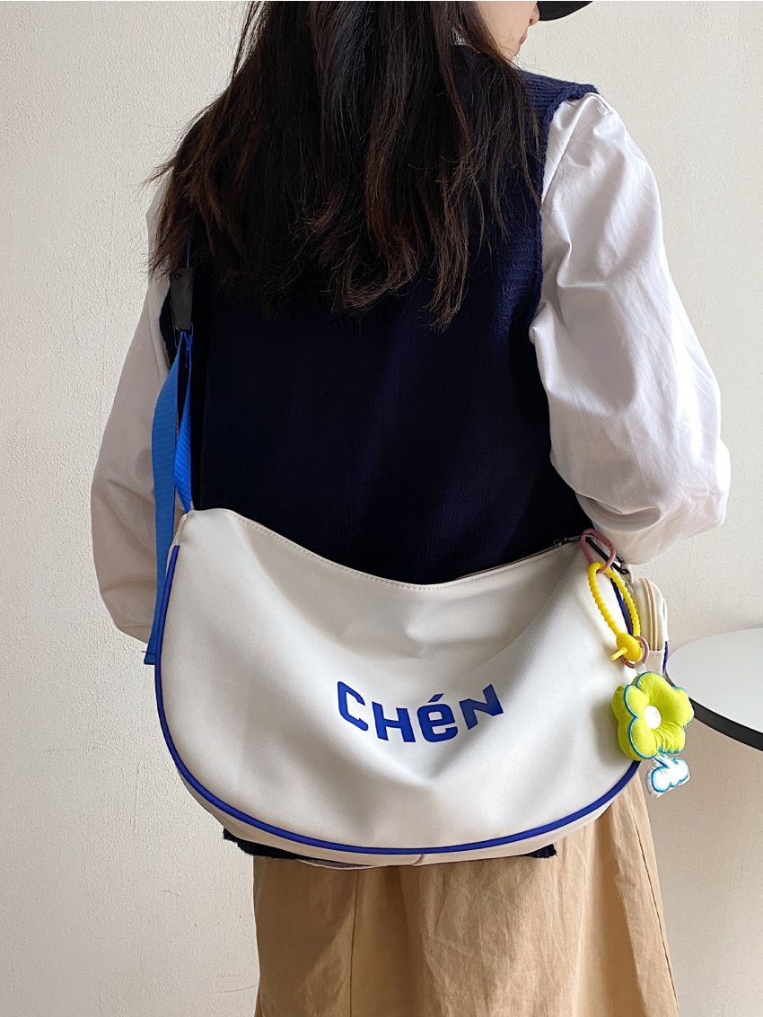 Large Capacity Hobo Bag With Bag Charm Letter Graphic Zipper Nylon