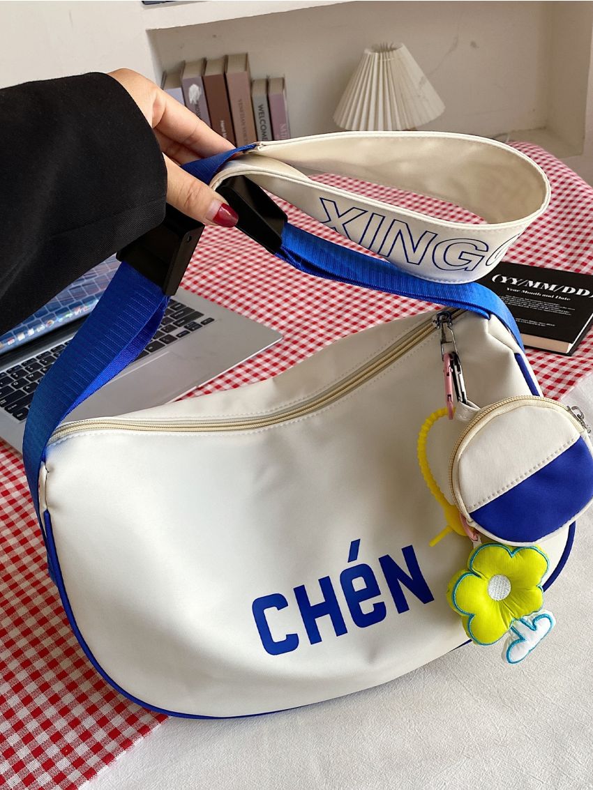 Large Capacity Hobo Bag With Bag Charm Letter Graphic Zipper Nylon