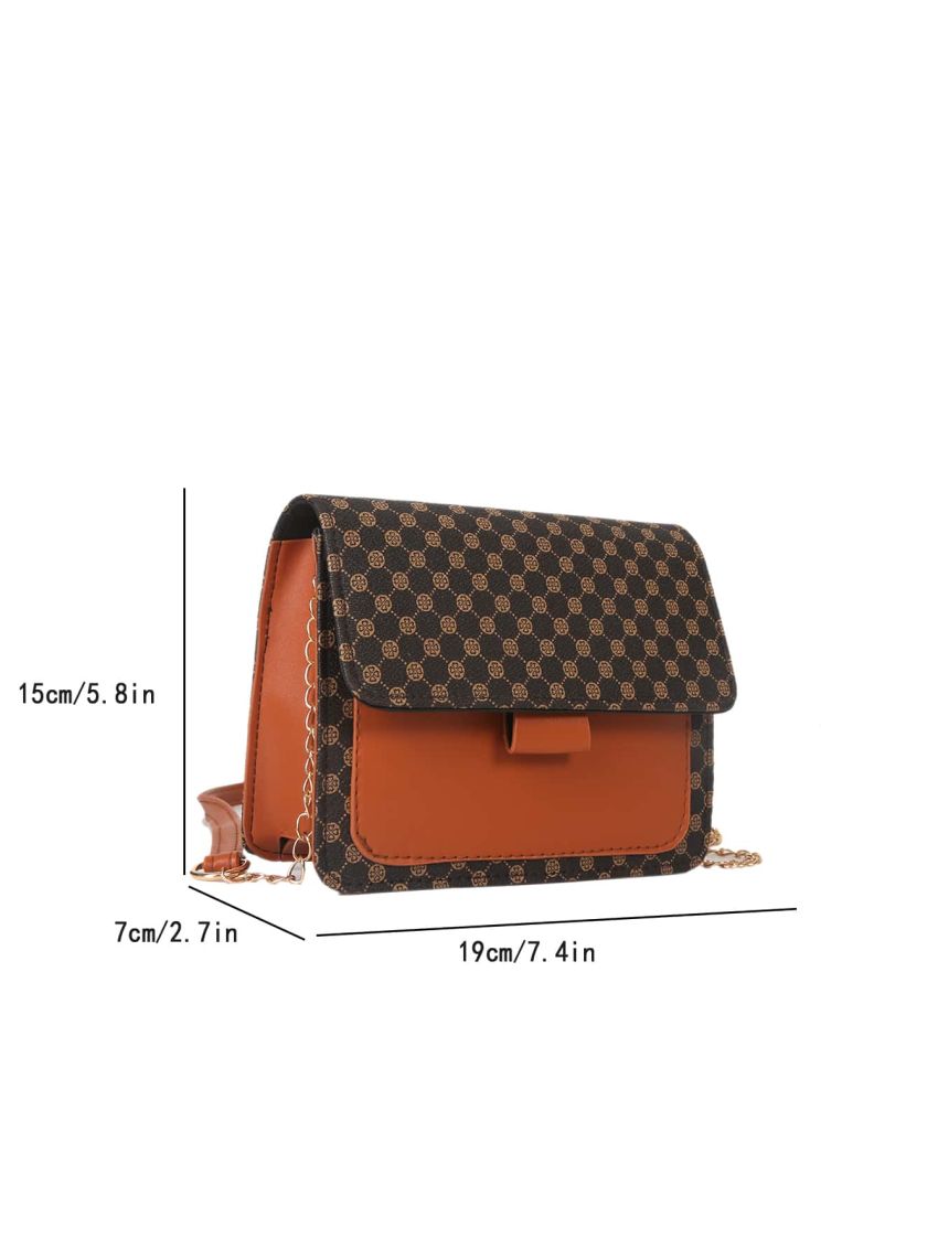 Mini Square Bag Geometric Pattern Snap Button Chain Flap PU