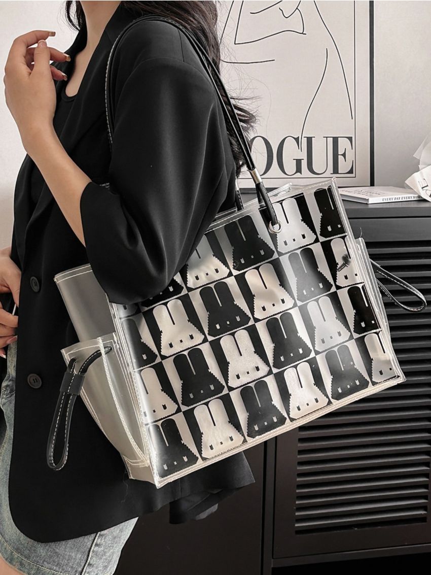 Rabbit Pattern Square Bag Double Handle PVC, Clear Bag