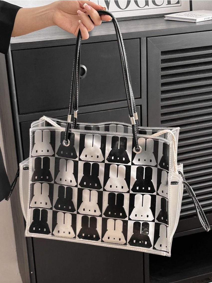 Rabbit Pattern Square Bag Double Handle PVC, Clear Bag