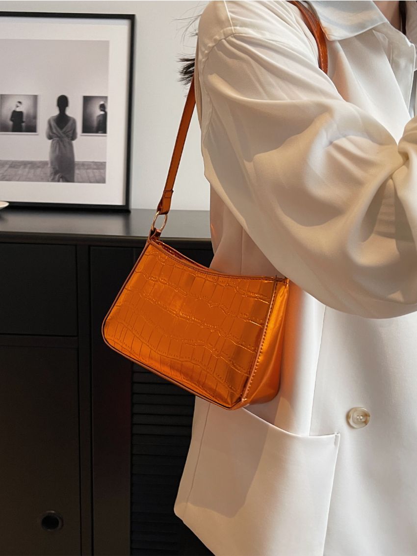 Small Baguette Bag Funky Metallic Crocodile Embossed Zipper PU