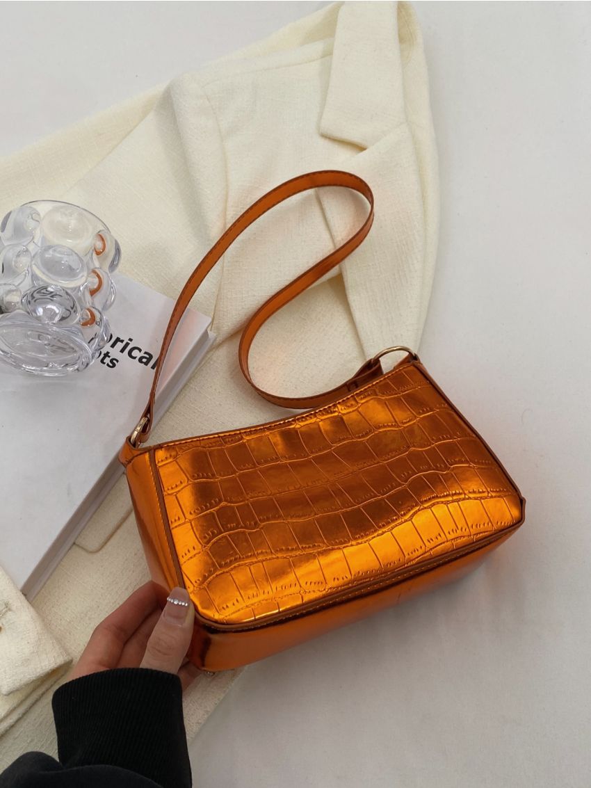 Small Baguette Bag Funky Metallic Crocodile Embossed Zipper PU