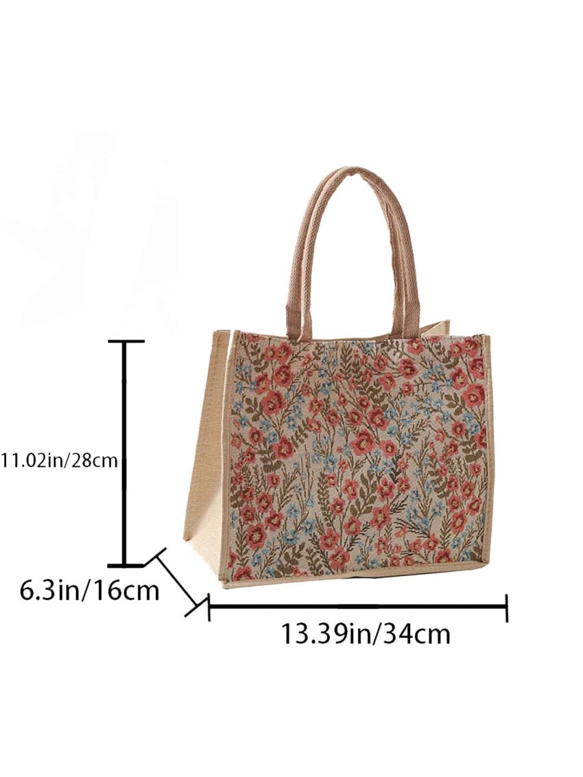 Small Shopper Bag Floral Embroidered Snap Button Double Handle For Shopping