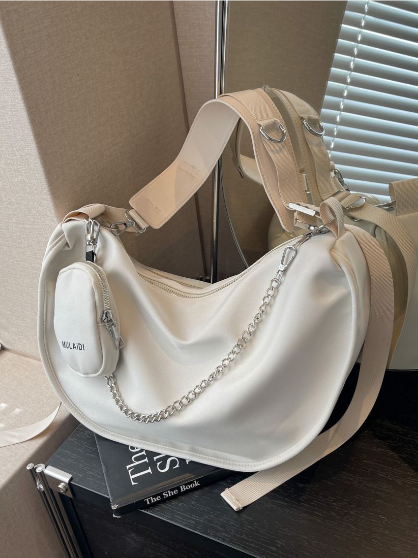 Large Capacity Hobo Bag With Coin Purse Chain Decor Zipper Polyester