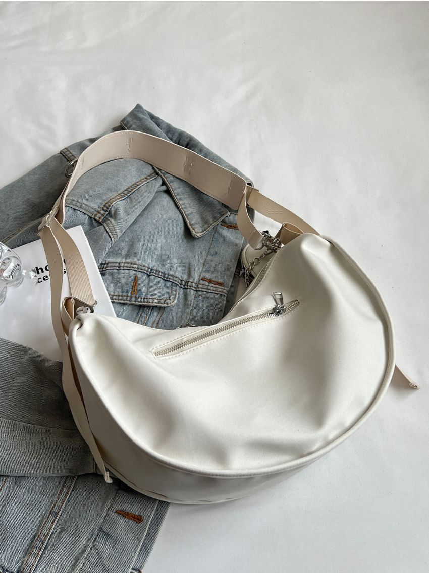 Large Capacity Hobo Bag With Coin Purse Chain Decor Zipper Polyester