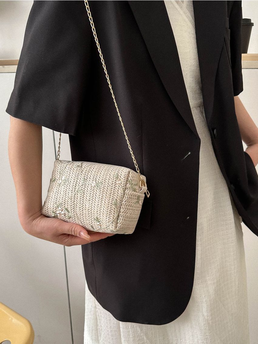 Mini Straw Bag Vacation Leaf Embroidered Chain For Summer