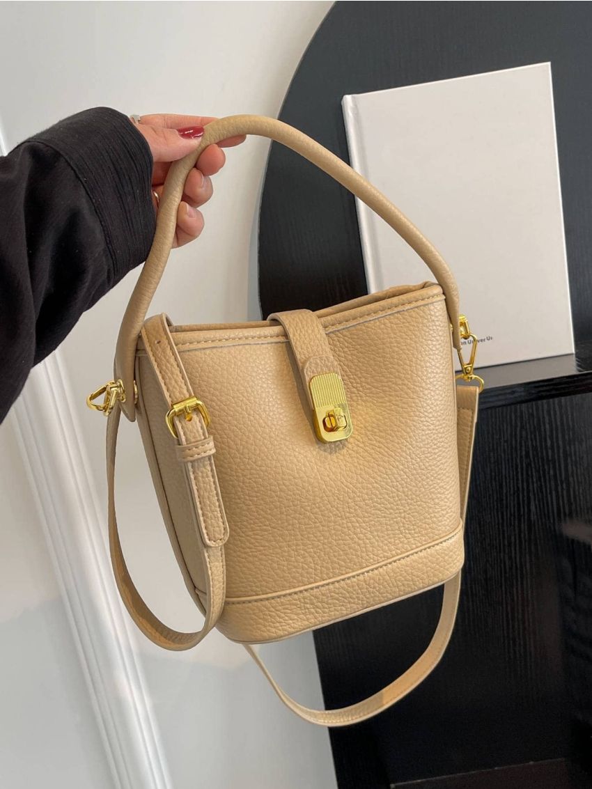 Mini Buckle Decor Bucket Bag Black Litchi Embossed Twist Lock PU