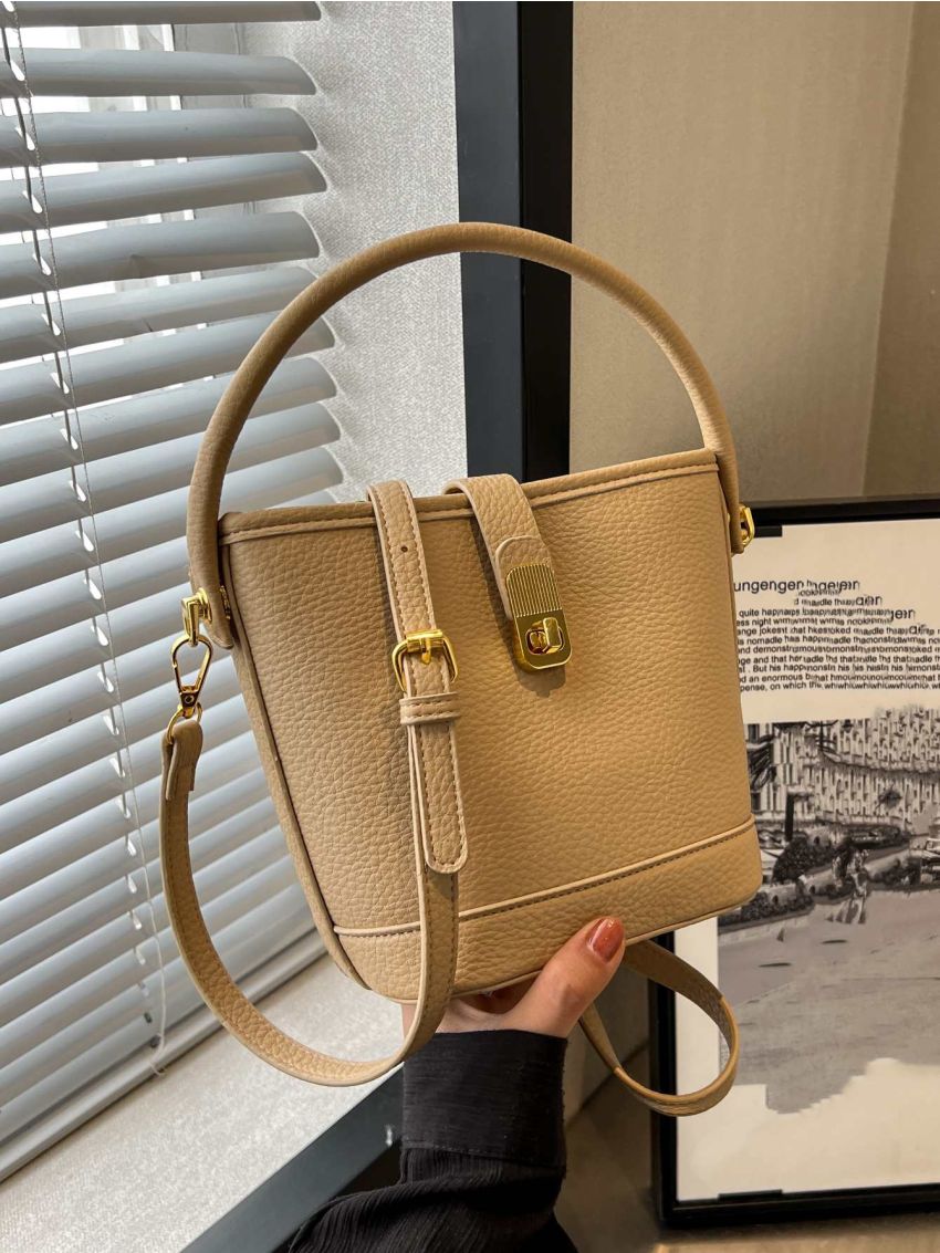 Mini Buckle Decor Bucket Bag Black Litchi Embossed Twist Lock PU