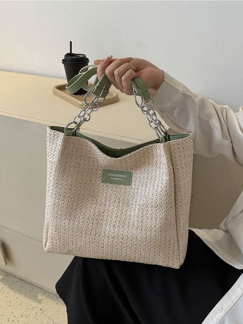 Small Straw Bag Letter Patch Decor