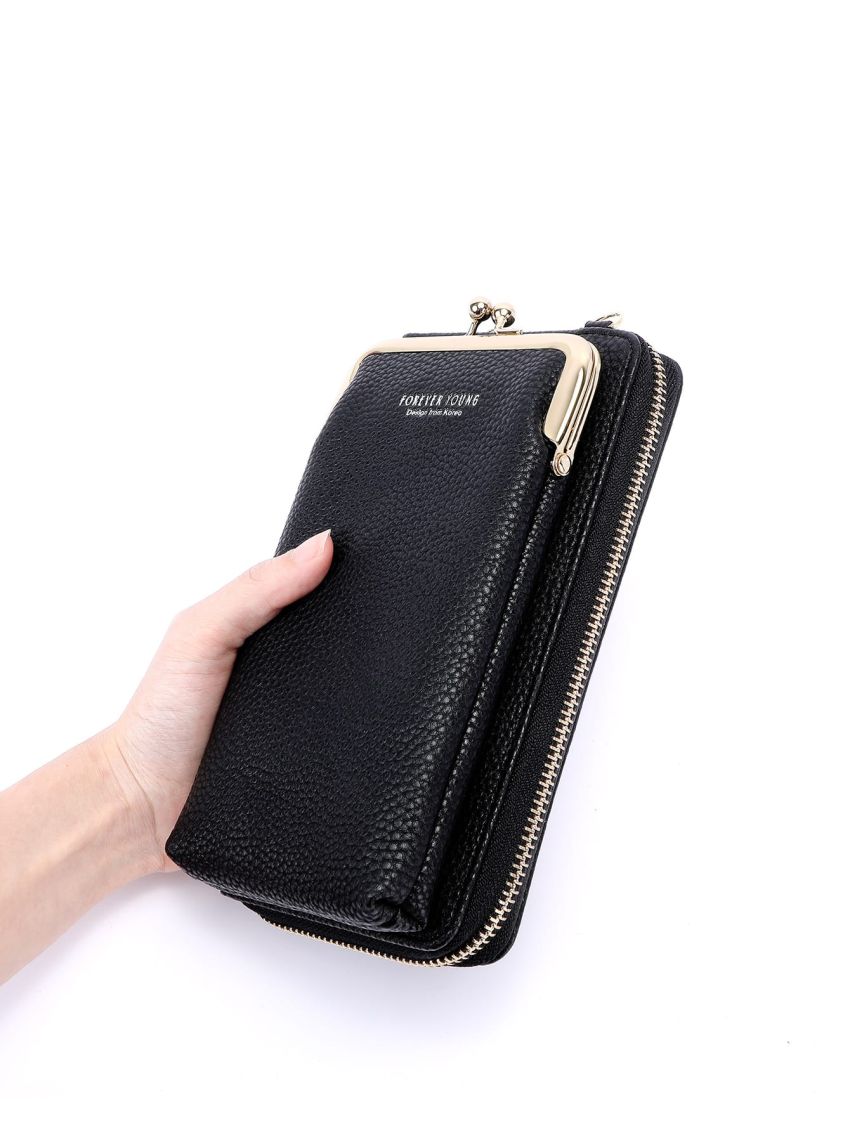 Letter & Litchi Embossed Kiss Lock Phone Wallet