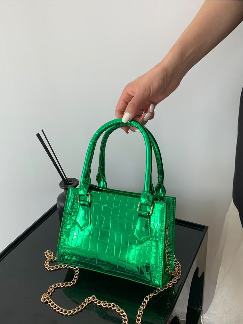 Mini Square Bag Geometric Embossed Metallic Green Funky