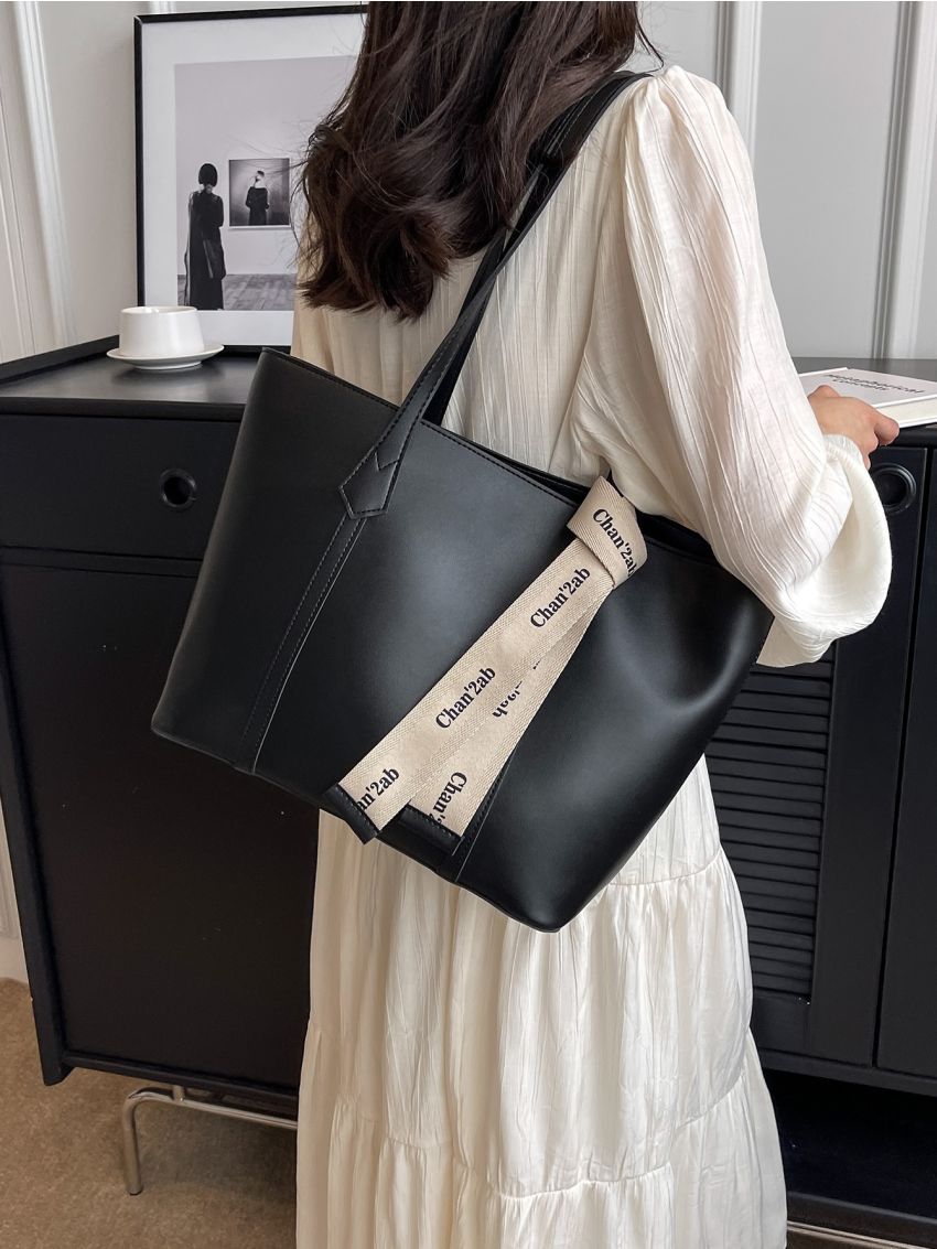 Minimalist Shoulder Tote Bag Letter Tape Decor