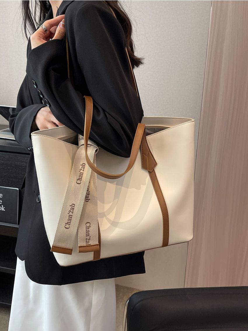 Minimalist Shoulder Tote Bag Letter Tape Decor