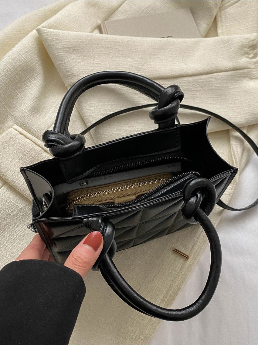 Mini Square Bag Quilted Pattern Minimalist Knot Design Handle