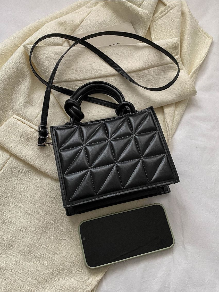 Mini Square Bag Quilted Pattern Minimalist Knot Design Handle
