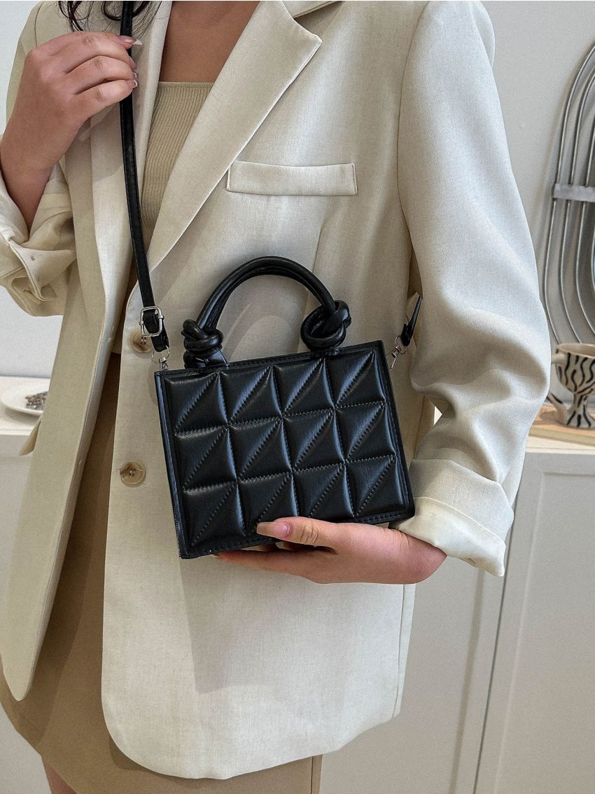 Mini Square Bag Quilted Pattern Minimalist Knot Design Handle