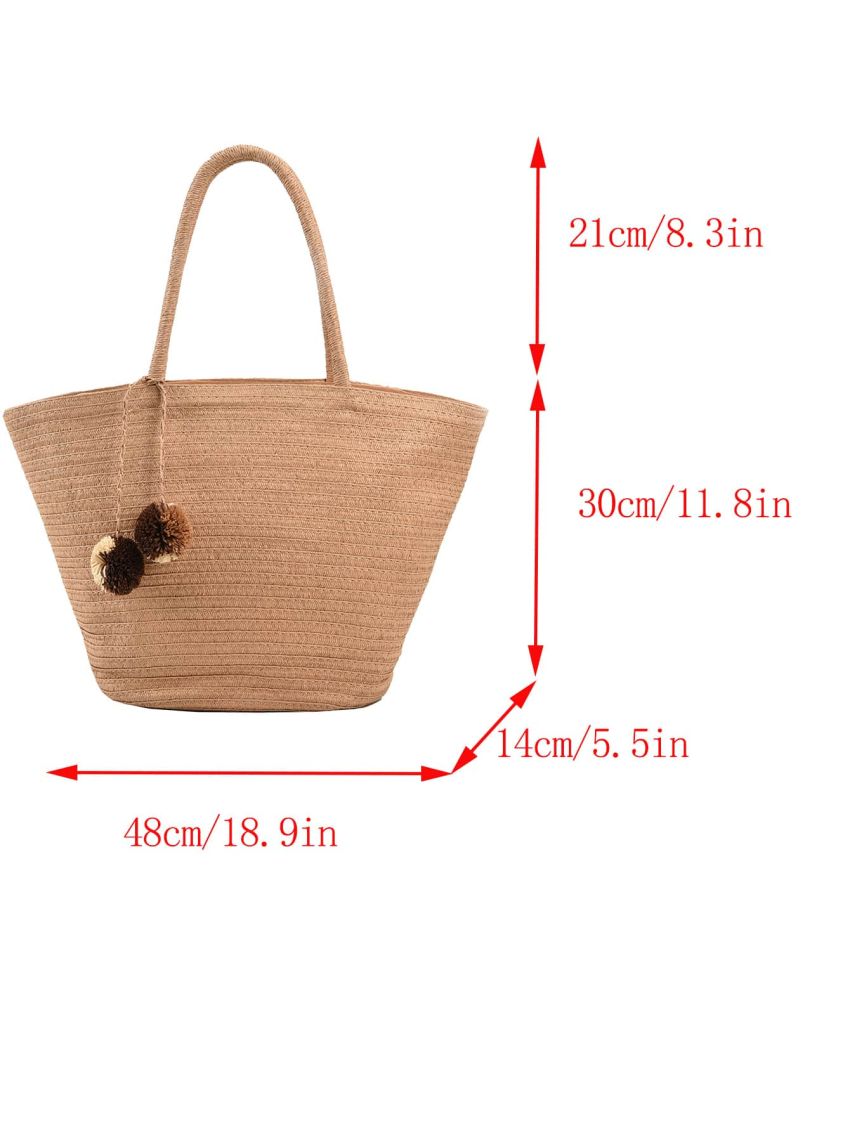Oversized Straw Bag Pom Pom Decor