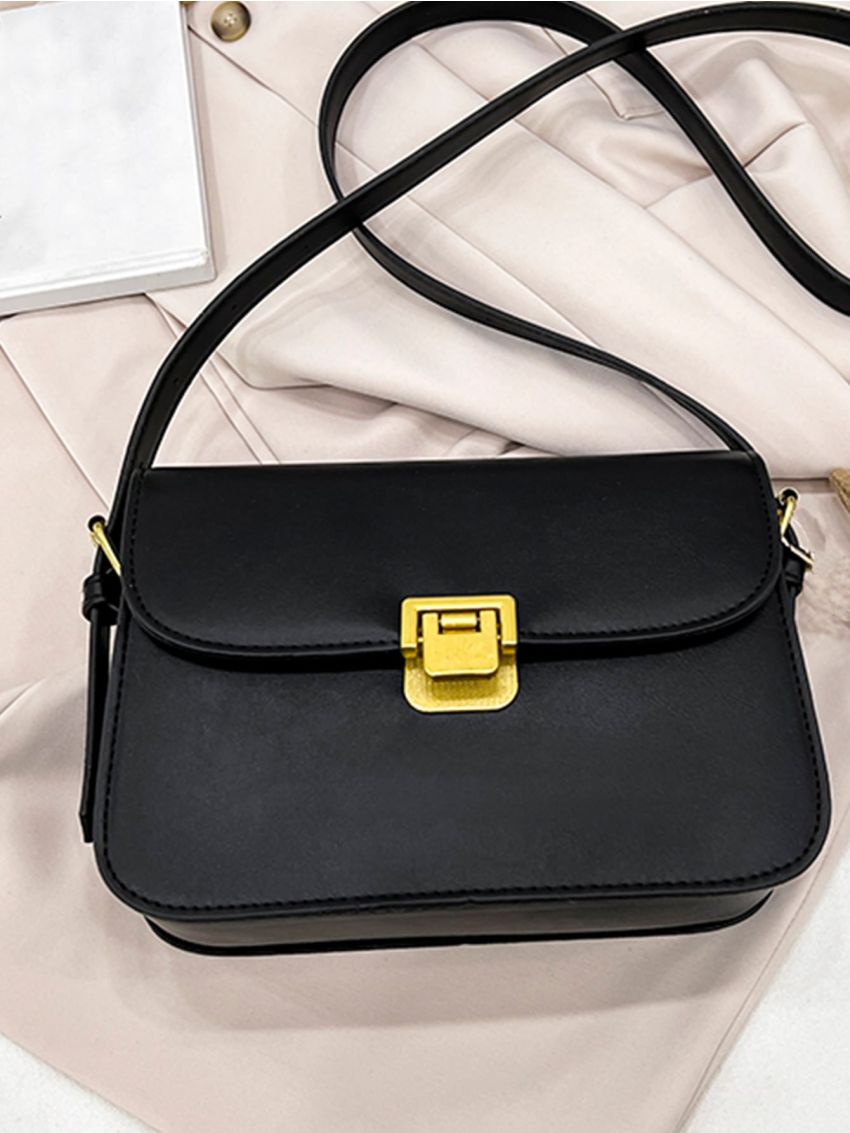 Minimalist Square Bag Small Flap Metal Decor Black
