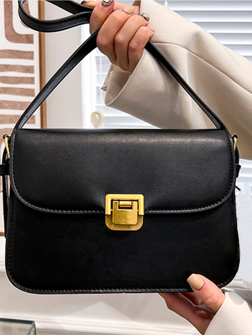 Minimalist Square Bag Small Flap Metal Decor Black