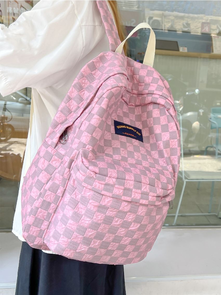 Plaid Pattern Classic Backpack Medium Pink For School