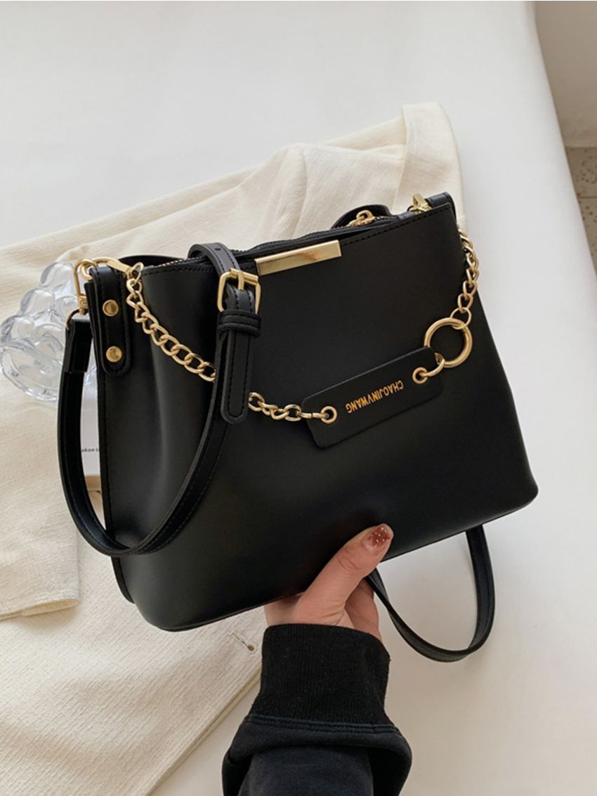 Chain Decor Bucket Bag Medium Black