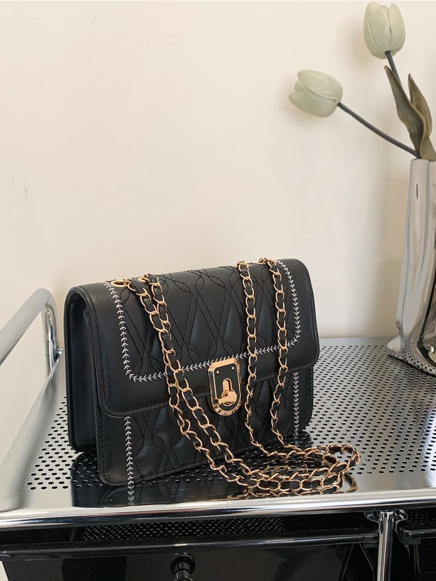 Quilted Square Bag Small Black Flap
