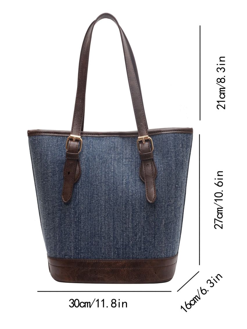 Colorblock Shoulder Tote Bag Buckle Decor Small