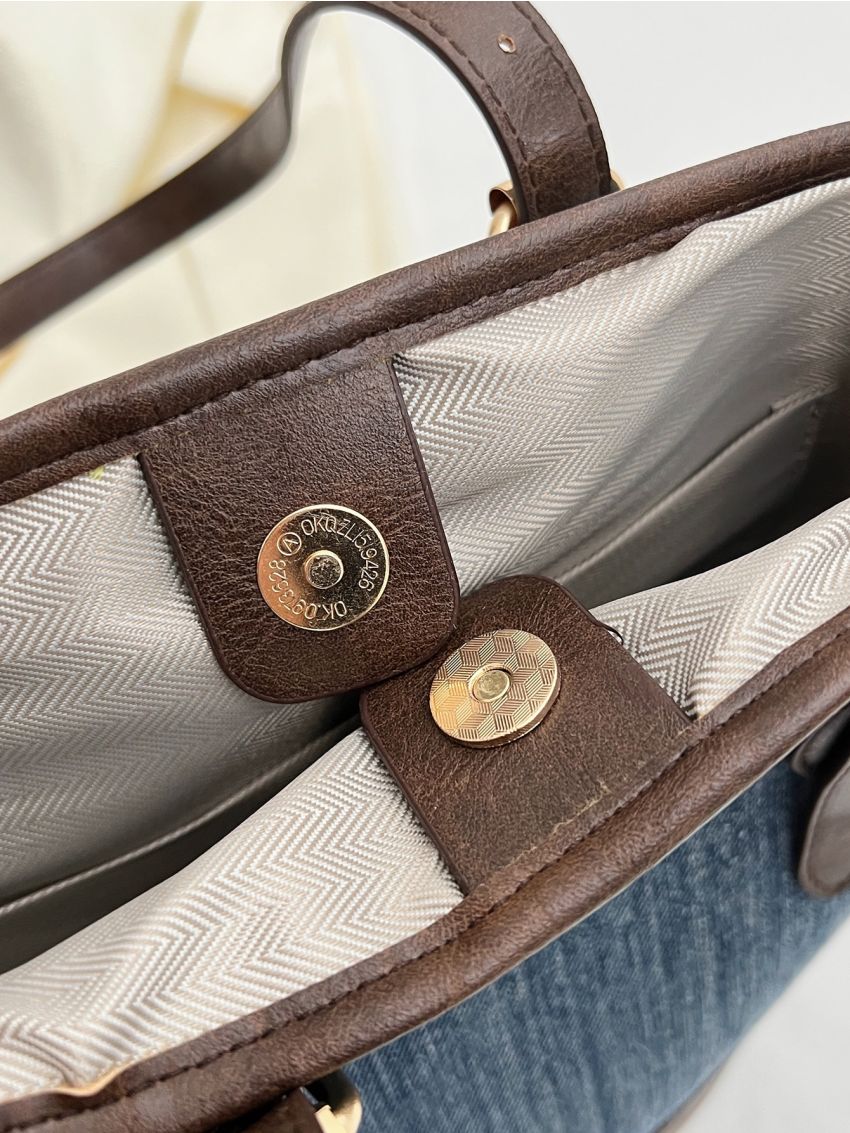 Colorblock Shoulder Tote Bag Buckle Decor Small