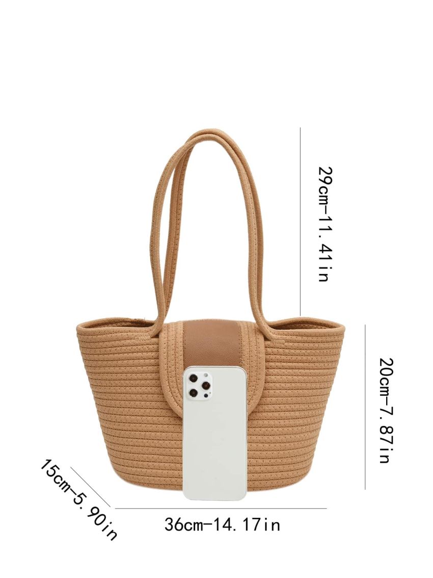 Colorblock Straw Bag Faux Pearl Beaded Medium Vacation