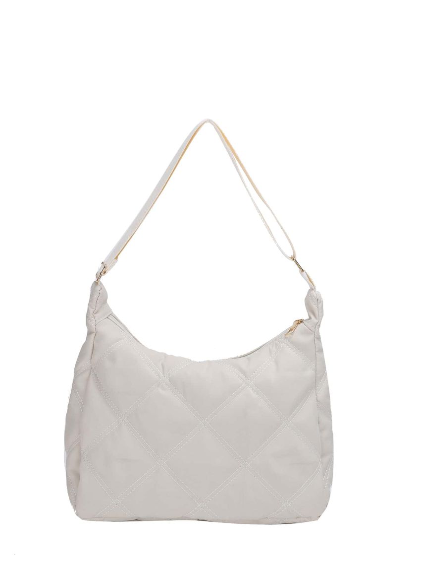 White Hobo Bag Minimalist Argyle Quilted Adjustable Strap Nylon