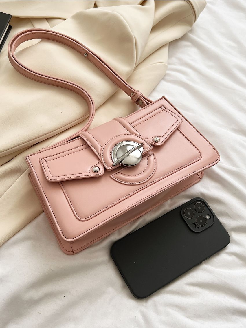 Pink Square Bag Fashionable Magnetic Studded Decor PU