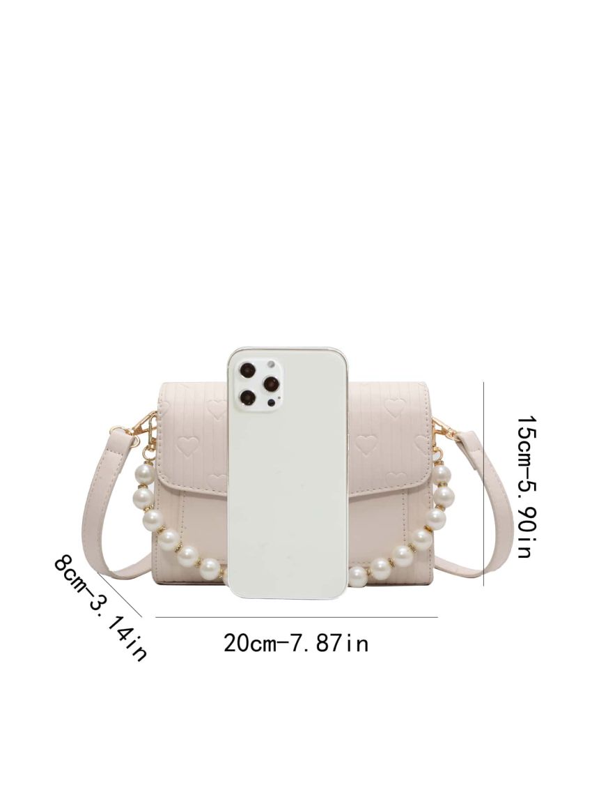 Mini Square Bag Fashion Heart Embossed Faux Pearl Decor Flap PU