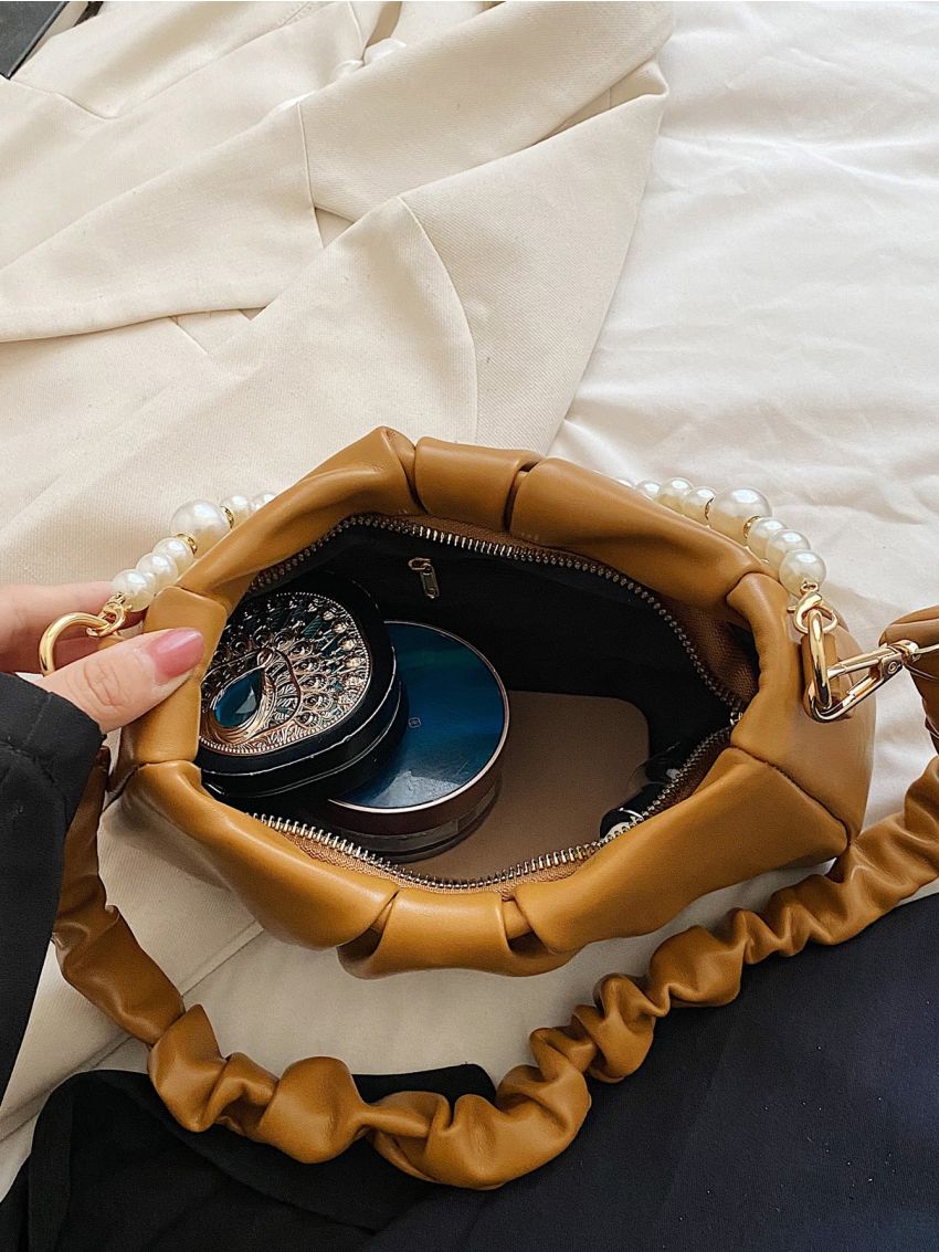 Brown Ruched Bag Fashion Faux Pearl Decor PU