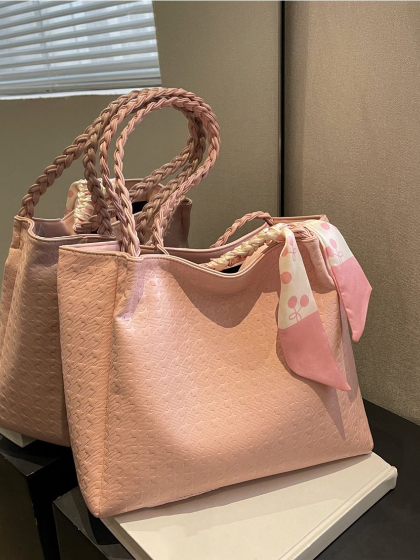 Small Shoulder Tote Bag Fashion Houndstooth Embossed Twilly Scarf Decor PU