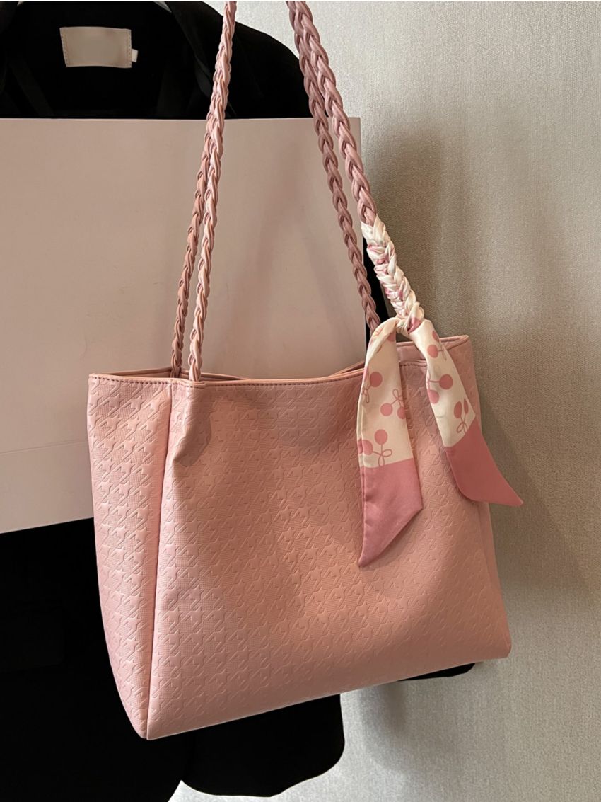 Small Shoulder Tote Bag Fashion Houndstooth Embossed Twilly Scarf Decor PU