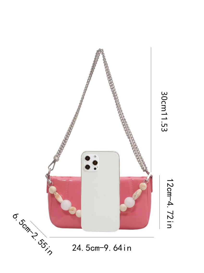 Pink Square Bag Fashionable Bead Decor Chain PU