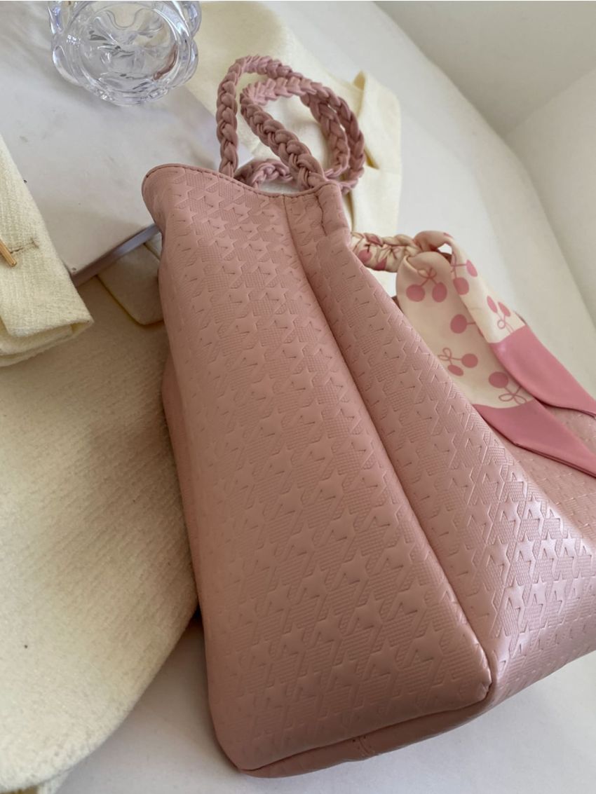 Small Shoulder Tote Bag Fashion Houndstooth Embossed Twilly Scarf Decor PU