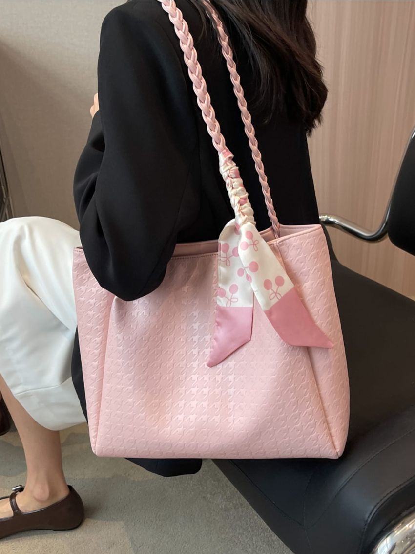 Small Shoulder Tote Bag Fashion Houndstooth Embossed Twilly Scarf Decor PU