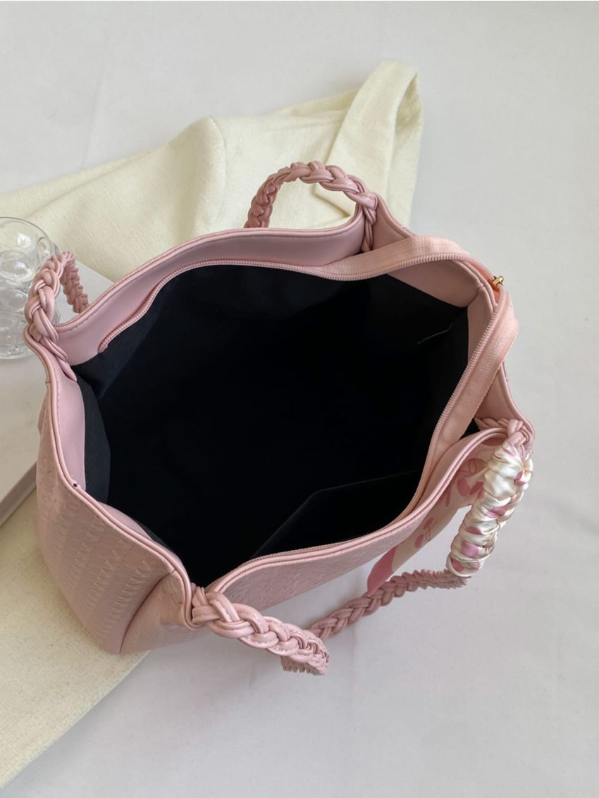 Small Shoulder Tote Bag Fashion Houndstooth Embossed Twilly Scarf Decor PU