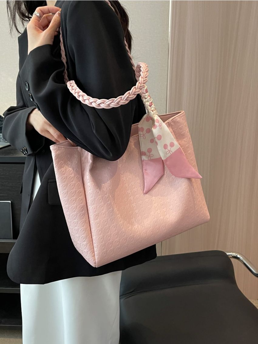 Small Shoulder Tote Bag Fashion Houndstooth Embossed Twilly Scarf Decor PU