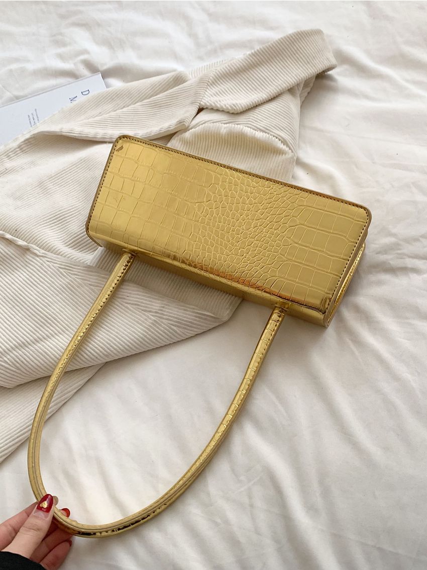 Crocodile Embossed Flap Baguette Bag Turn Lock Metallic Funky