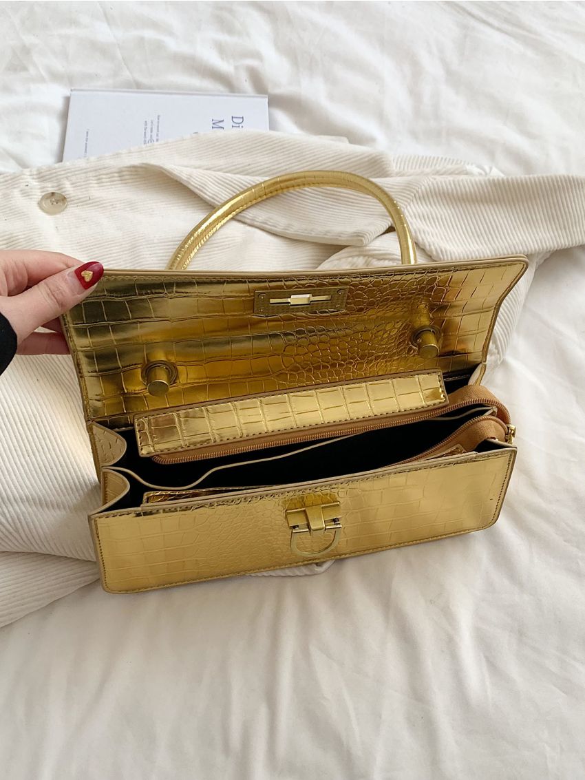 Crocodile Embossed Flap Baguette Bag Turn Lock Metallic Funky